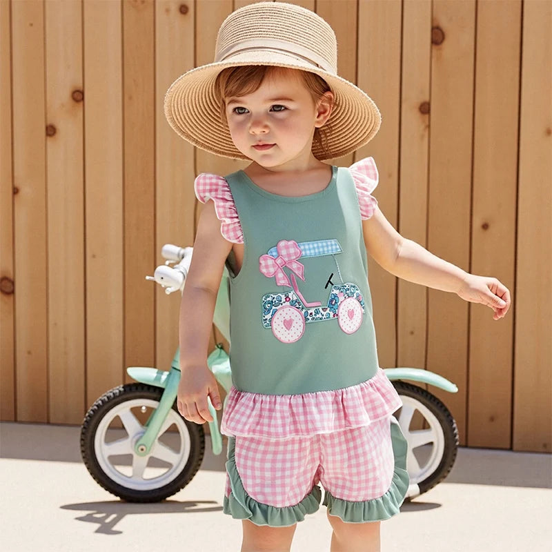 Golf Cart Embroidered Flutter Sleeve Top with Plaid Print Shorts 2-Piece Set