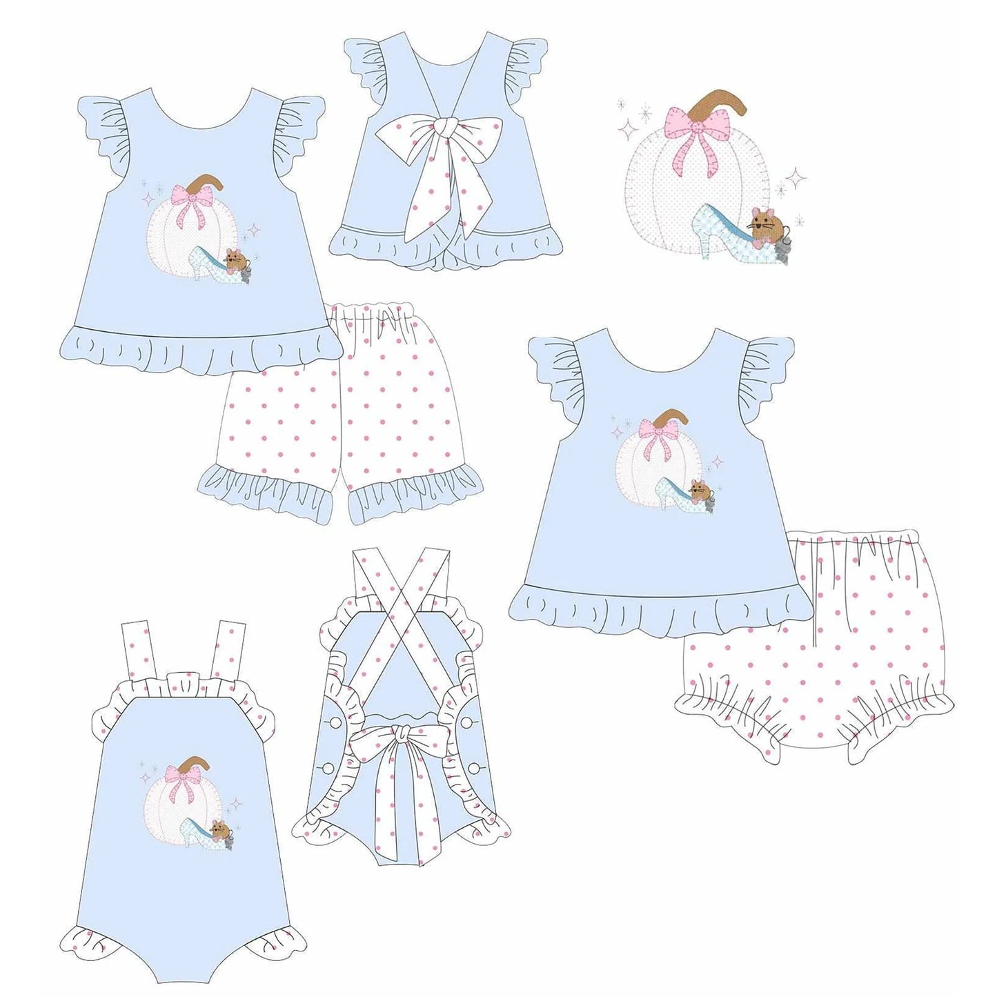Girl Blue Princess Outfit Pumpkin Print Ruffle Sleeve