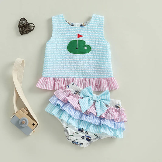 Toddler Baby Girl Summer Outfits Sleeveless Golf Embroidery Tank Tops + Ruffle Shorts Set Clothes