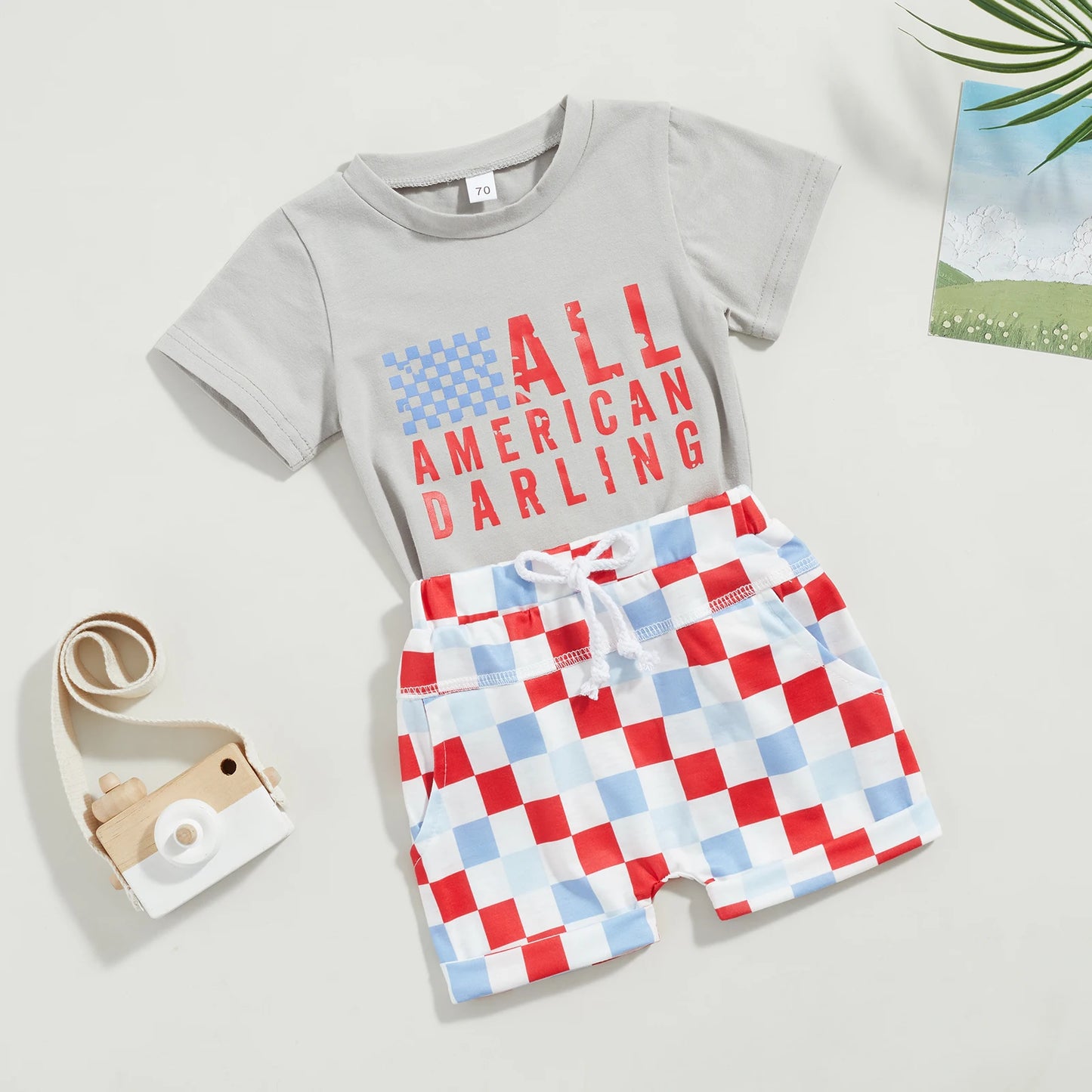 Independence Day Baby Girls Boys Clothes Sets Letter Print Short Sleeve T-Shirts and Checkerboard Shorts 2Pcs
