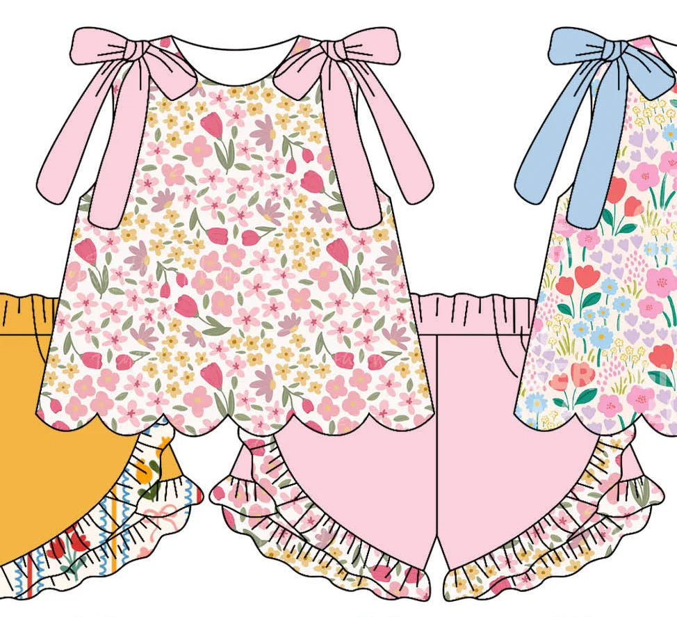 Summer Flowers Bows Scallop Tunic Set