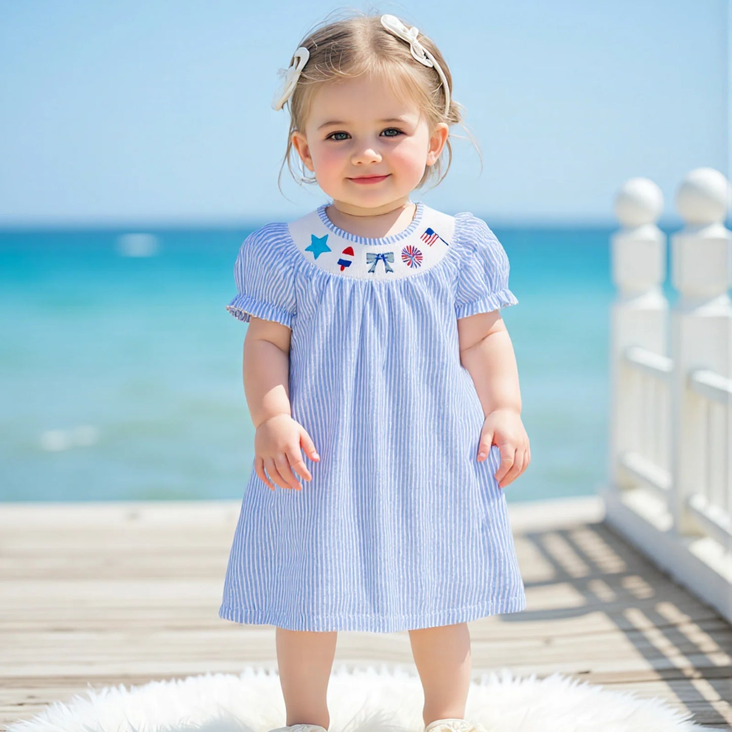 FOCUSNORM 0-6Y Independence Days Kids Girls Summer Dress Short Sleeve Bow Flag Embroidery Stripes Print A-Line Dress