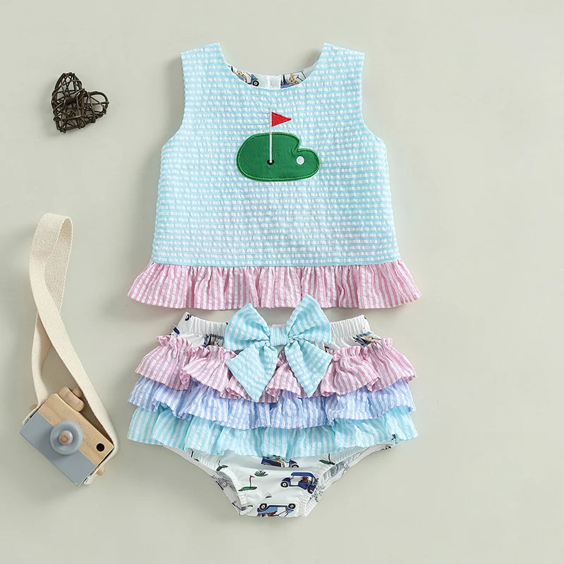 Toddler Baby Girl Summer Outfits Sleeveless Golf Embroidery Tank Tops + Ruffle Shorts Set Clothes