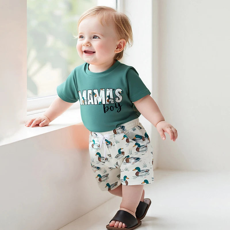 Toddler Boys Summer Shorts Sets Short Sleeve O Neck Letter Print Tops and Duck Print Shorts Sets