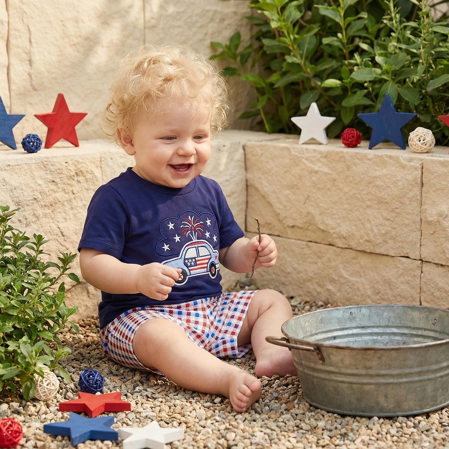 Boy 4th of July Firework Car Embroidery T Shirt + Shorts Set