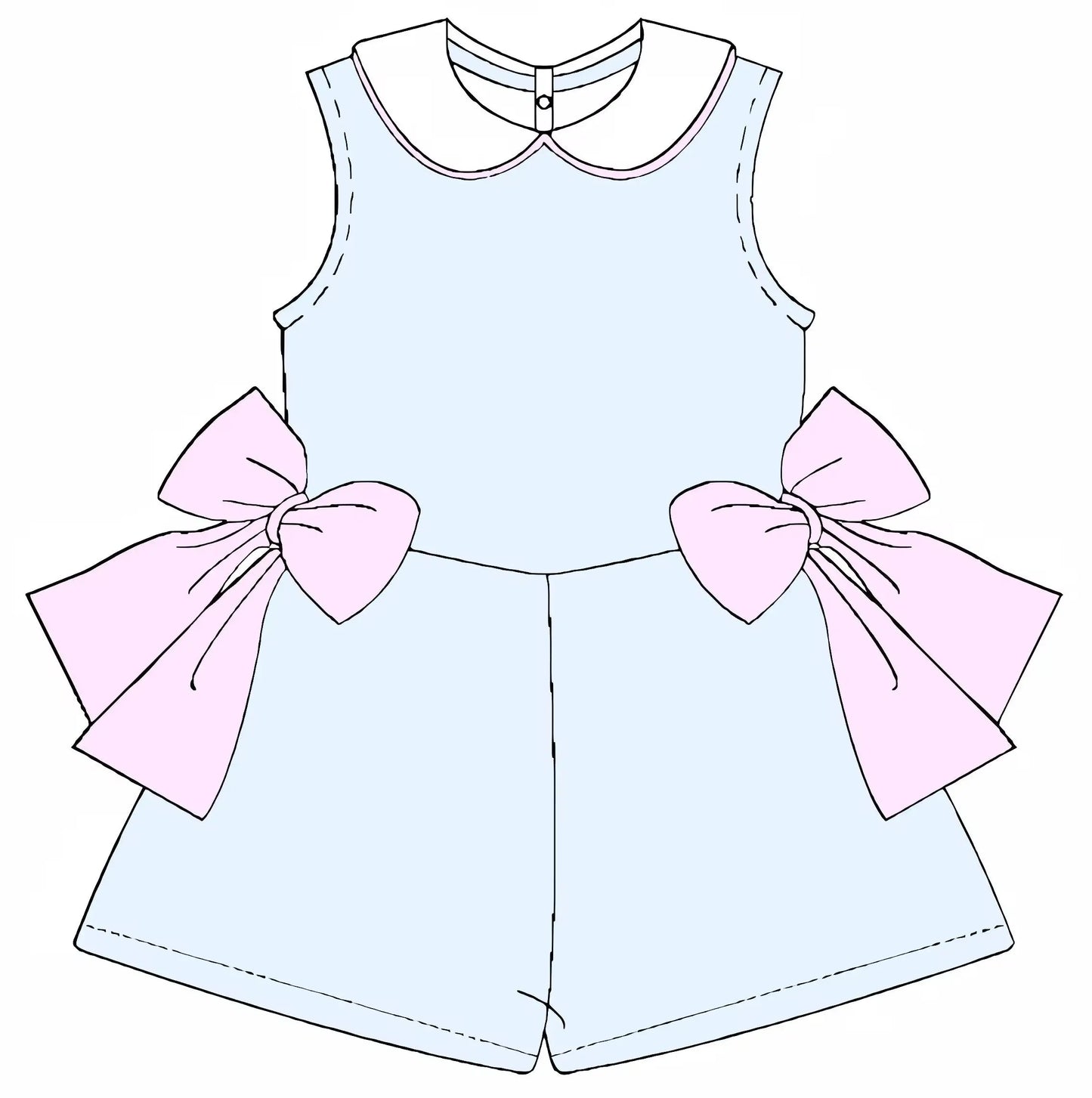 boutique  girl sleeveless back button design jumpsuit shorts side bow design girl clothing