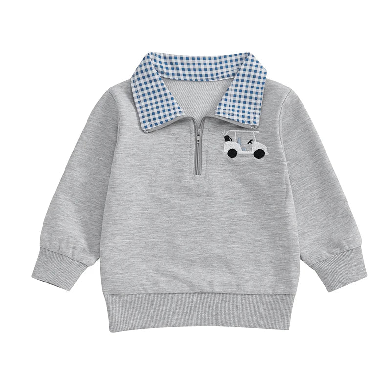 Toddler Boy Sweatshirt Golfcart Embroidery Long Sleeve Pullover