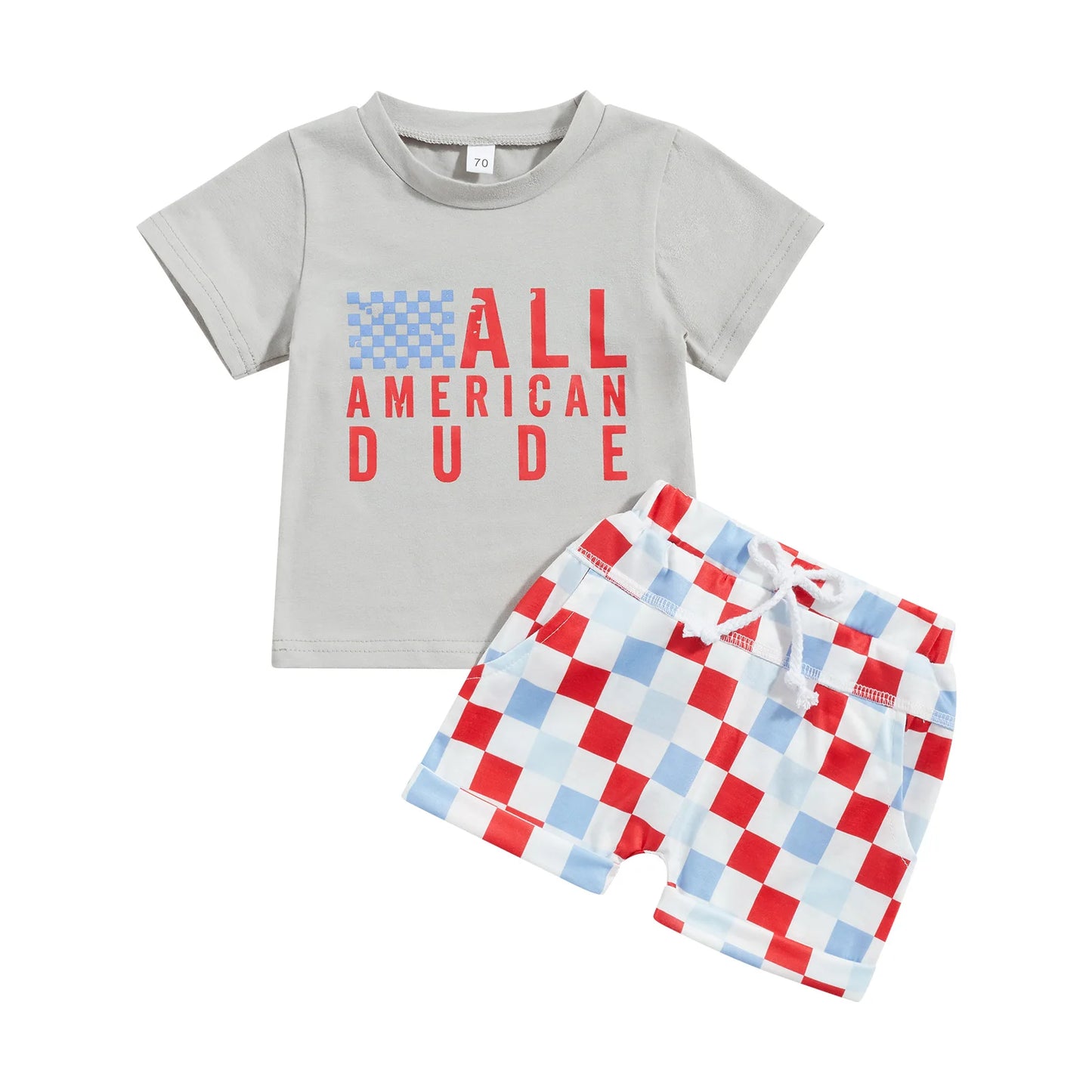 Independence Day Baby Girls Boys Clothes Sets Letter Print Short Sleeve T-Shirts and Checkerboard Shorts 2Pcs