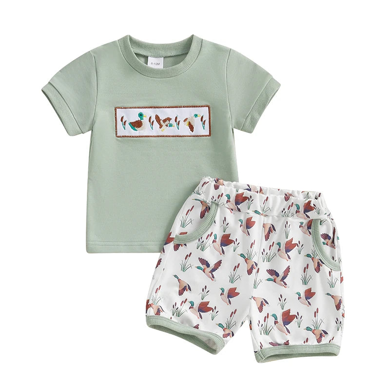Toddler Baby Boys Summer Outfits Duck Embroidery Short Sleeves T-Shirt and Elastic Camouflage Shorts