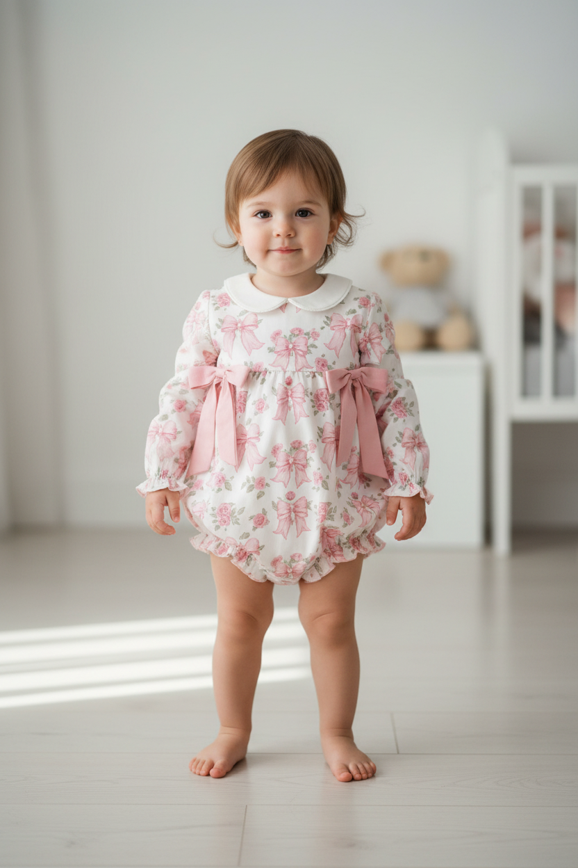 Bowknot Flower Print Girls Boutique set White