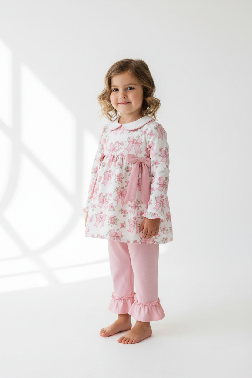 Bowknot Flower Print Girls Boutique set White