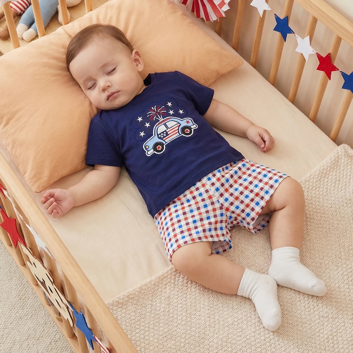 Boy 4th of July Firework Car Embroidery T Shirt + Shorts Set