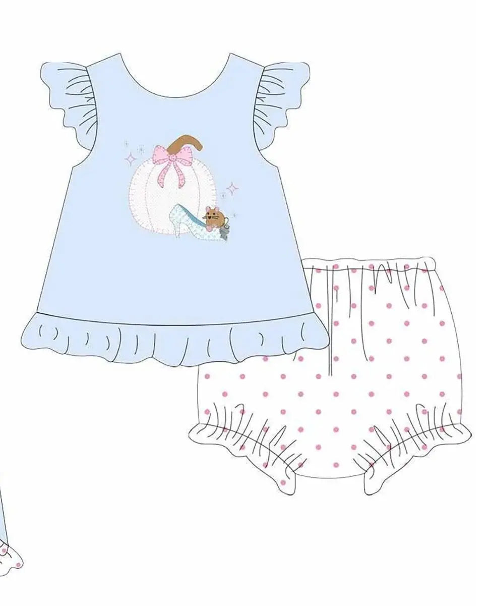 Girl Blue Princess Outfit Pumpkin Print Ruffle Sleeve