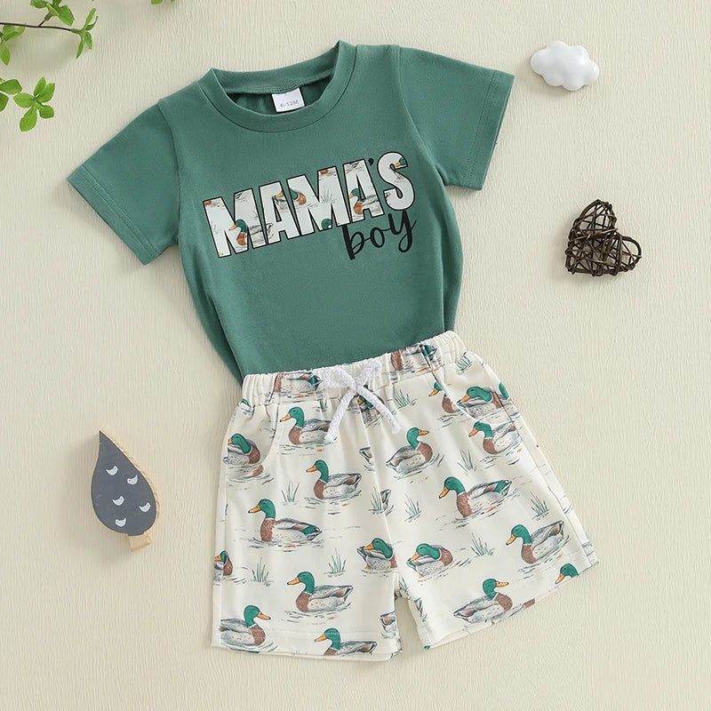 Toddler Boys Summer Shorts Sets Short Sleeve O Neck Letter Print Tops and Duck Print Shorts Sets