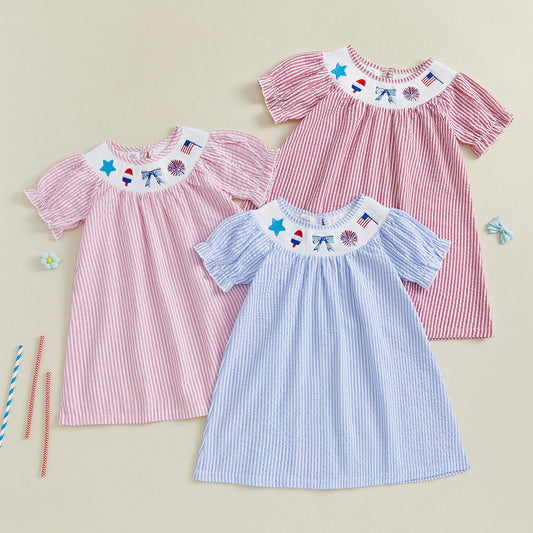FOCUSNORM 0-6Y Independence Days Kids Girls Summer Dress Short Sleeve Bow Flag Embroidery Stripes Print A-Line Dress