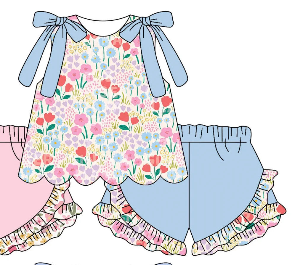 Summer Flowers Bows Scallop Tunic Set