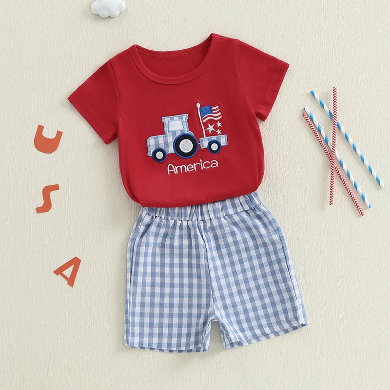 Independence Day Toddler Baby Boys Clothes Sets Casual Short Sleeve Embroidery Truck T-shirt Plaid Shorts Set Clothing Outfits