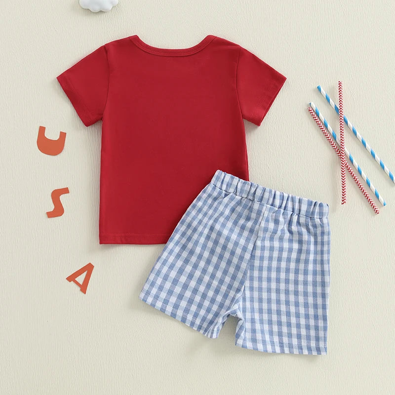 Independence Day Toddler Baby Boys Clothes Sets Casual Short Sleeve Embroidery Truck T-shirt Plaid Shorts Set Clothing Outfits