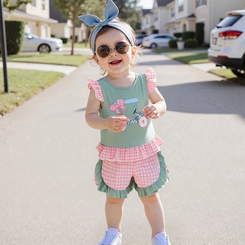 Golf Cart Embroidered Flutter Sleeve Top with Plaid Print Shorts 2-Piece Set