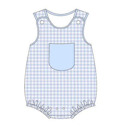 Blue Checkered and Floral Print Children Summer Clothing