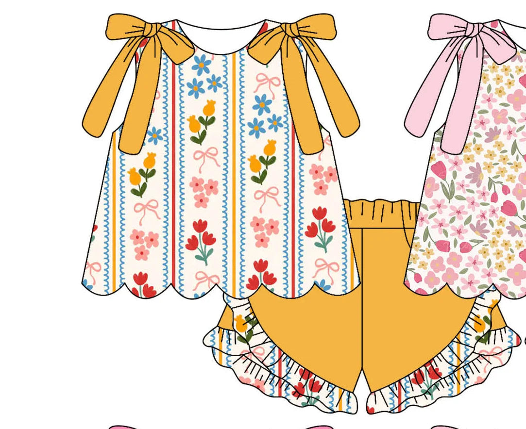 Summer Flowers Bows Scallop Tunic Set