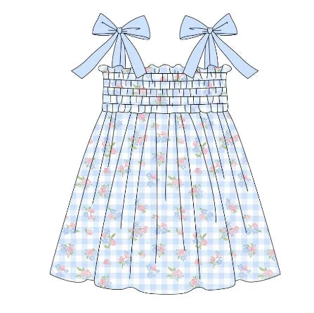 Blue Checkered and Floral Print Children Summer Clothing