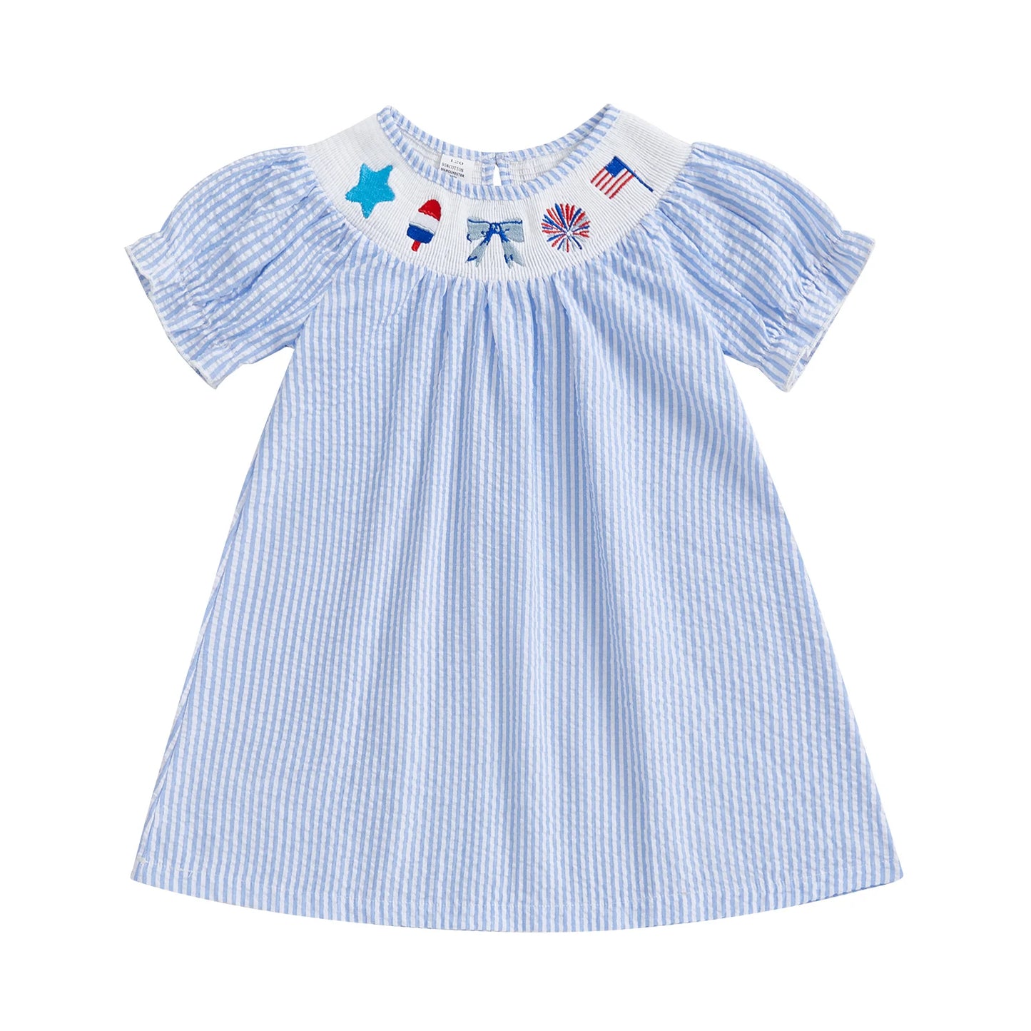 FOCUSNORM 0-6Y Independence Days Kids Girls Summer Dress Short Sleeve Bow Flag Embroidery Stripes Print A-Line Dress
