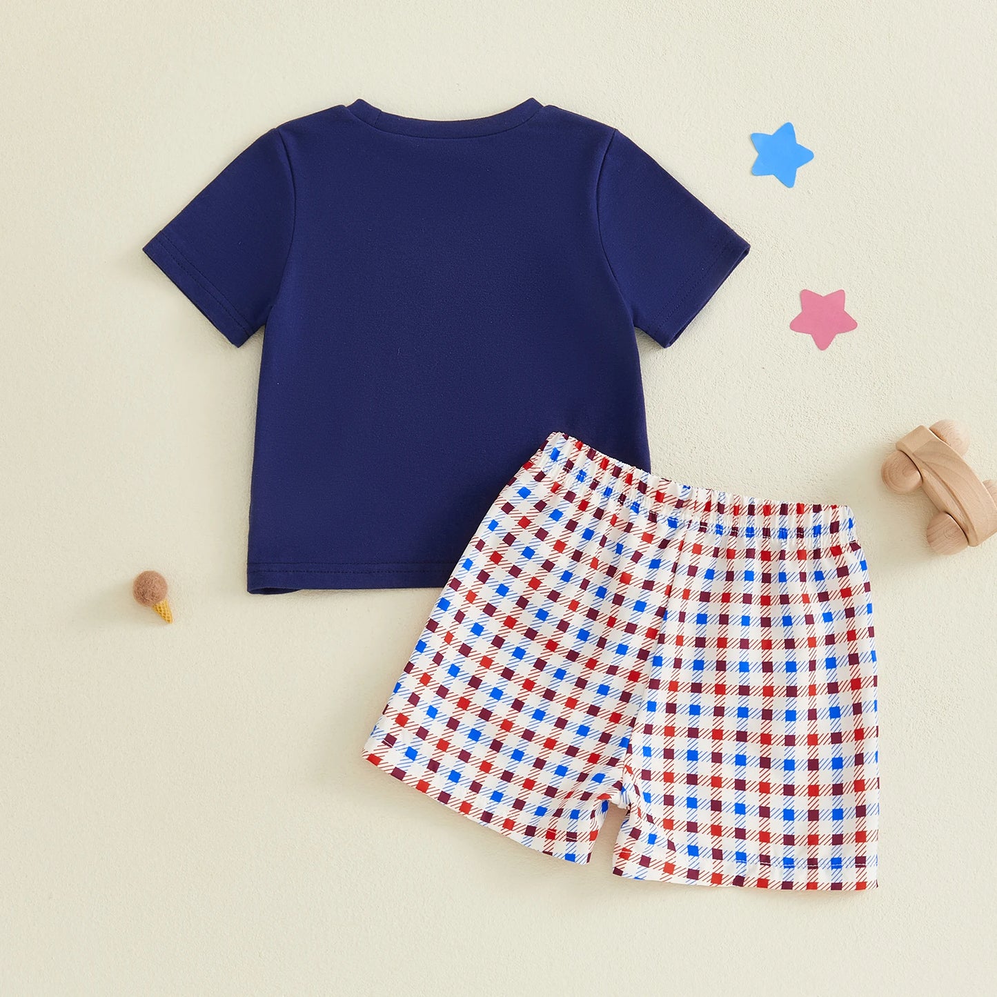 Boy 4th of July Firework Car Embroidery T Shirt + Shorts Set
