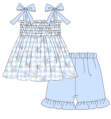 Blue Checkered and Floral Print Children Summer Clothing