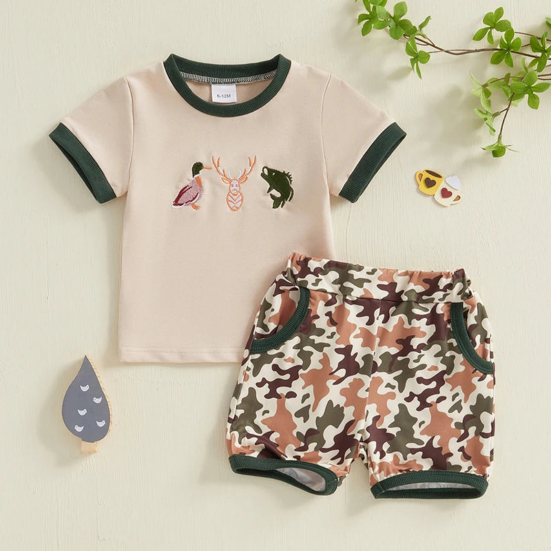 Toddler Baby Boys Summer Outfits Duck Embroidery Short Sleeves T-Shirt and Elastic Camouflage Shorts