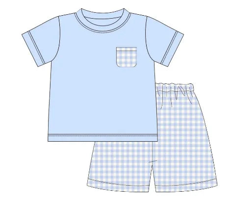 Blue Checkered and Floral Print Children Summer Clothing