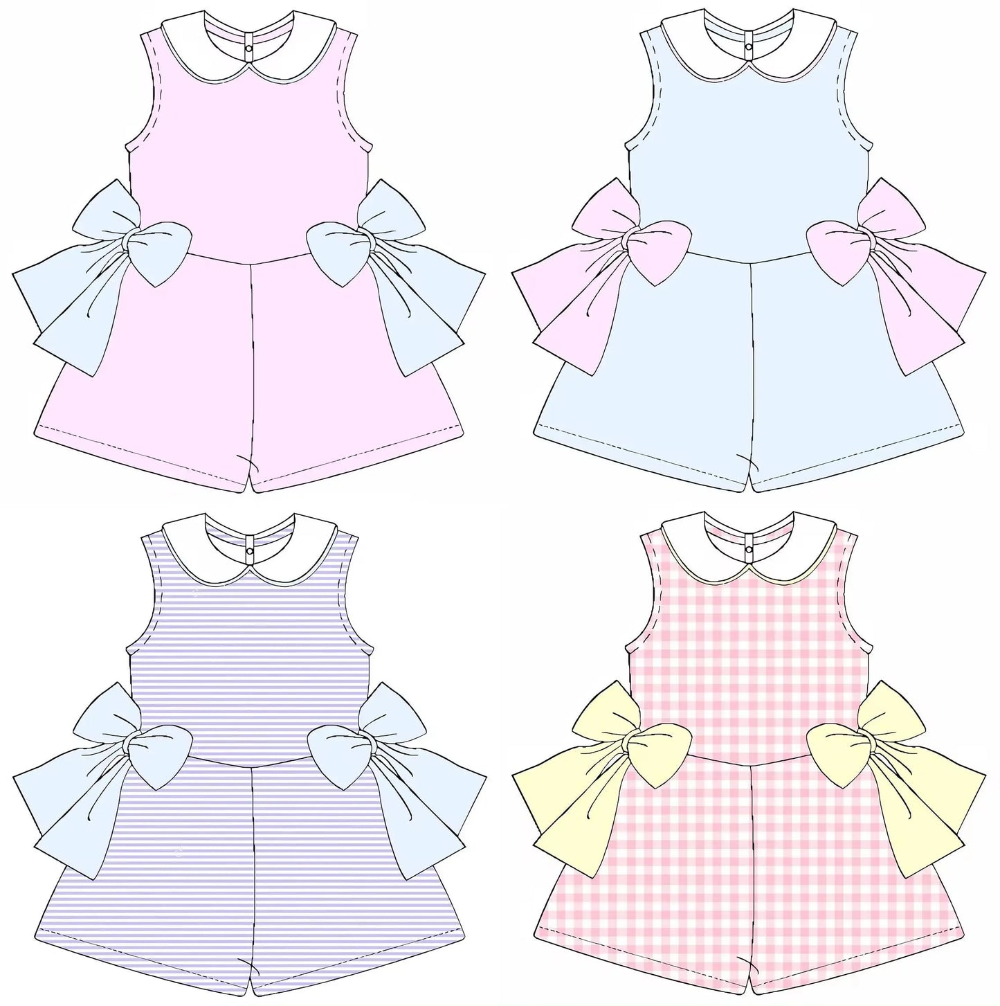 boutique  girl sleeveless back button design jumpsuit shorts side bow design girl clothing