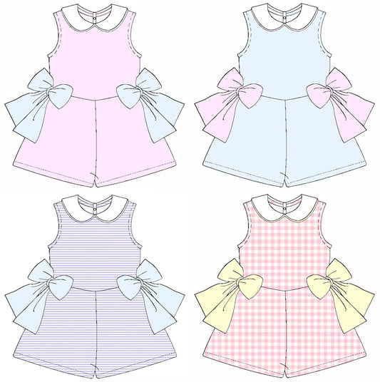 boutique  girl sleeveless back button design jumpsuit shorts side bow design girl clothing