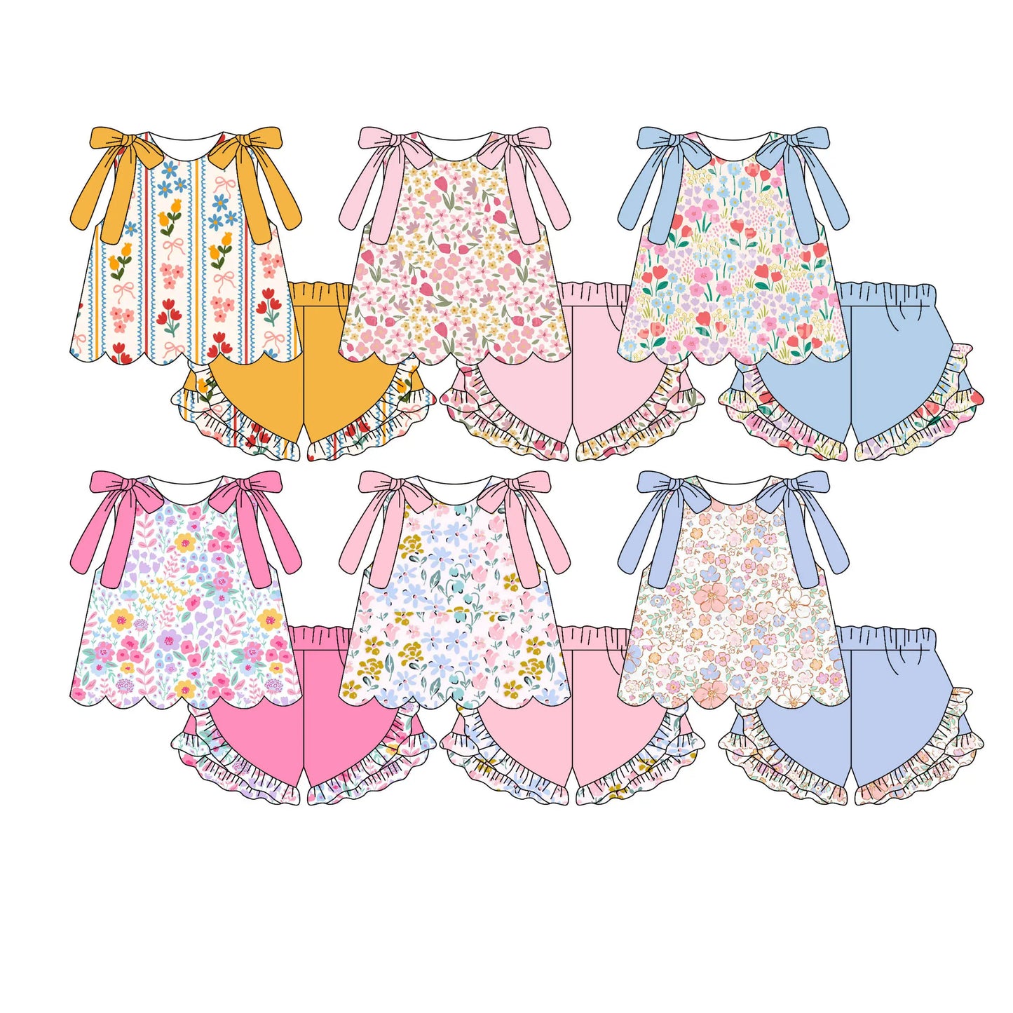 Summer Flowers Bows Scallop Tunic Set