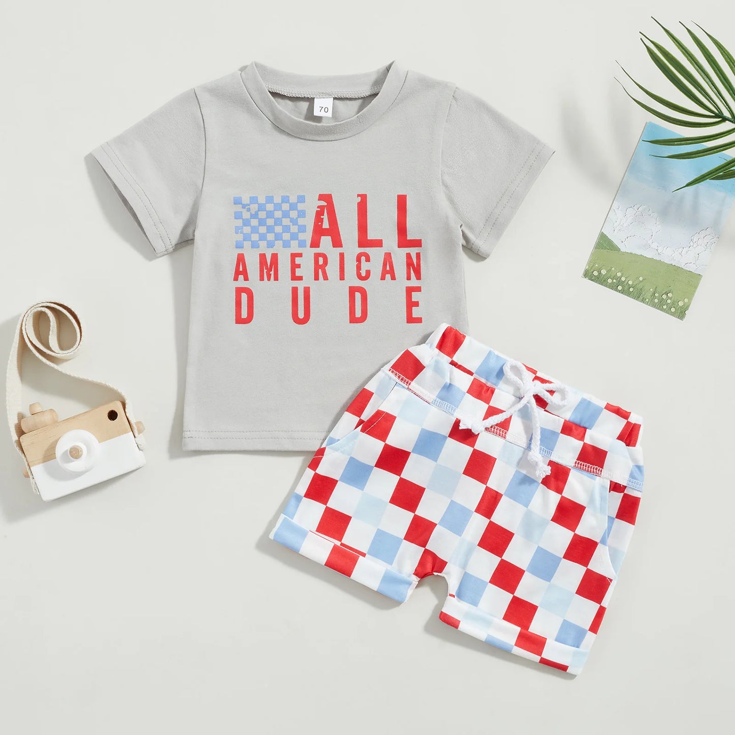 Independence Day Baby Girls Boys Clothes Sets Letter Print Short Sleeve T-Shirts and Checkerboard Shorts 2Pcs