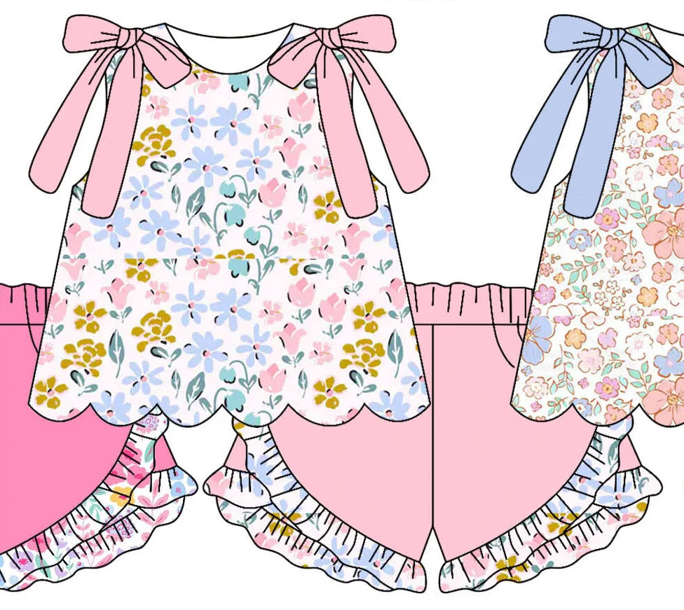 Summer Flowers Bows Scallop Tunic Set