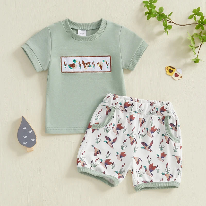 Toddler Baby Boys Summer Outfits Duck Embroidery Short Sleeves T-Shirt and Elastic Camouflage Shorts