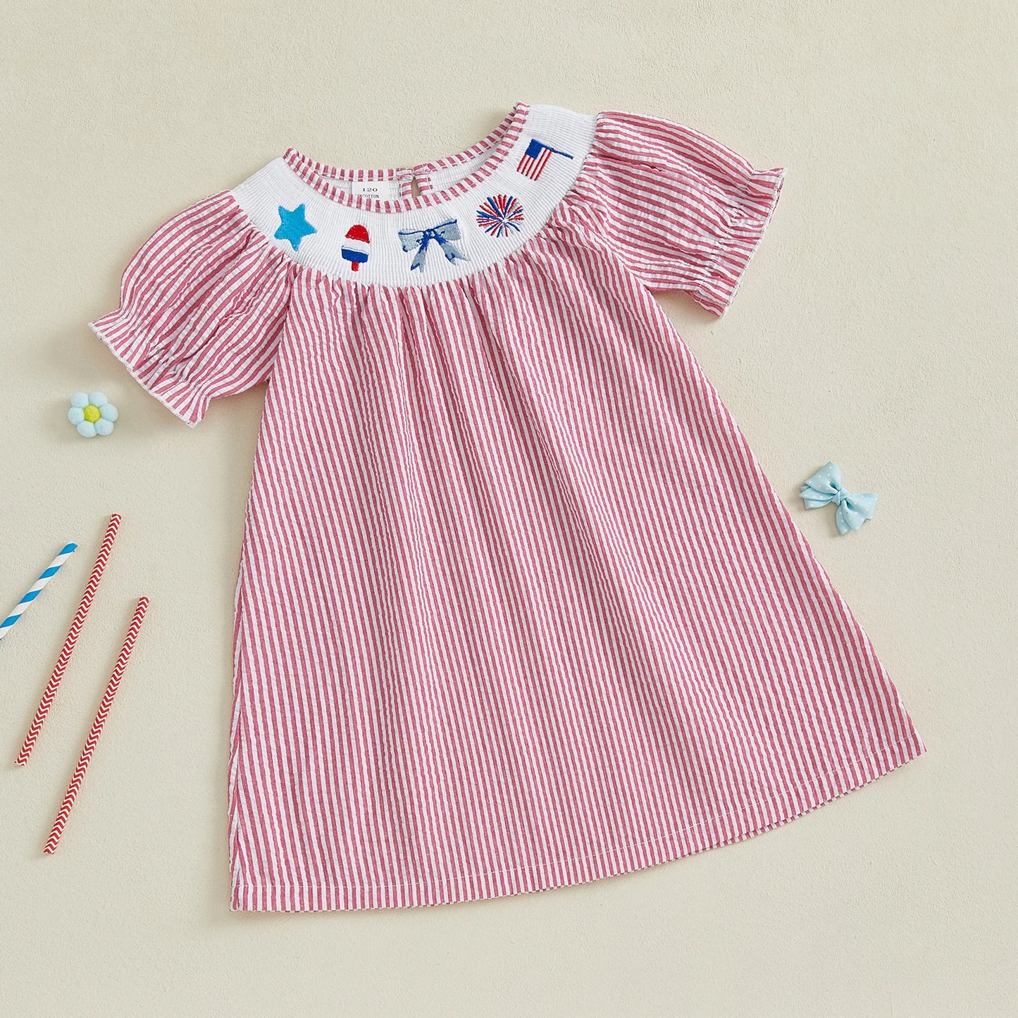 FOCUSNORM 0-6Y Independence Days Kids Girls Summer Dress Short Sleeve Bow Flag Embroidery Stripes Print A-Line Dress