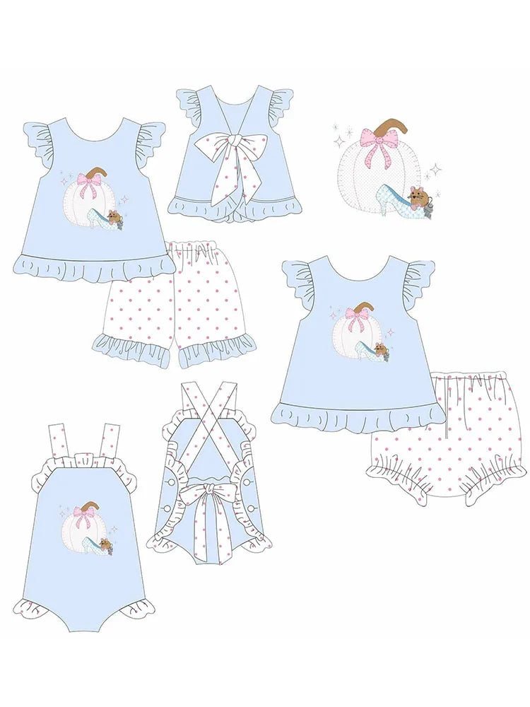 Girl Blue Princess Outfit Pumpkin Print Ruffle Sleeve