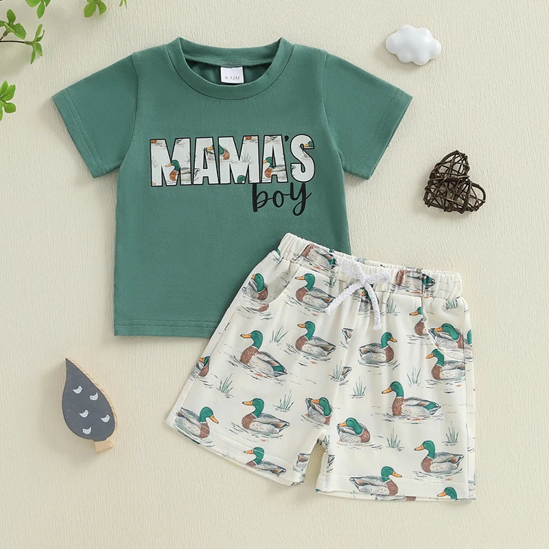 Toddler Boys Summer Shorts Sets Short Sleeve O Neck Letter Print Tops and Duck Print Shorts Sets