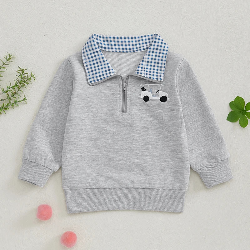 Toddler Boy Sweatshirt Golfcart Embroidery Long Sleeve Pullover