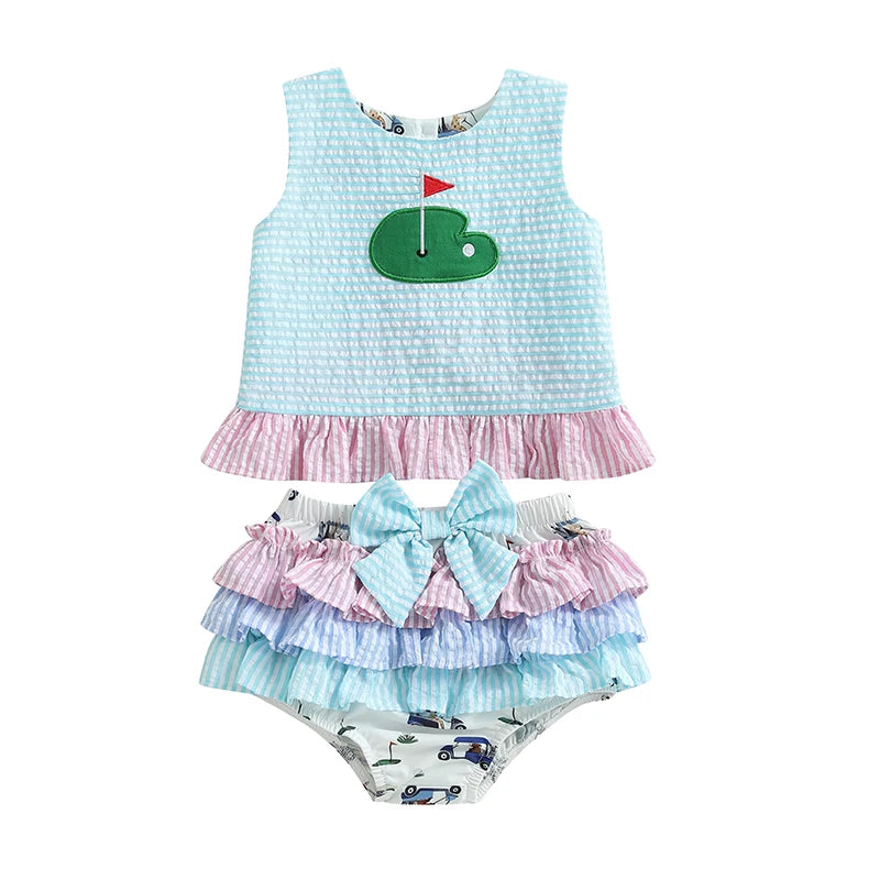 Toddler Baby Girl Summer Outfits Sleeveless Golf Embroidery Tank Tops + Ruffle Shorts Set Clothes