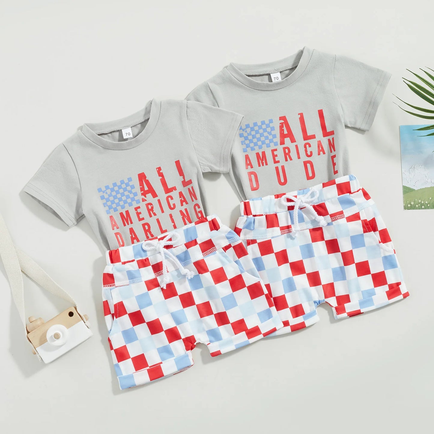 Independence Day Baby Girls Boys Clothes Sets Letter Print Short Sleeve T-Shirts and Checkerboard Shorts 2Pcs