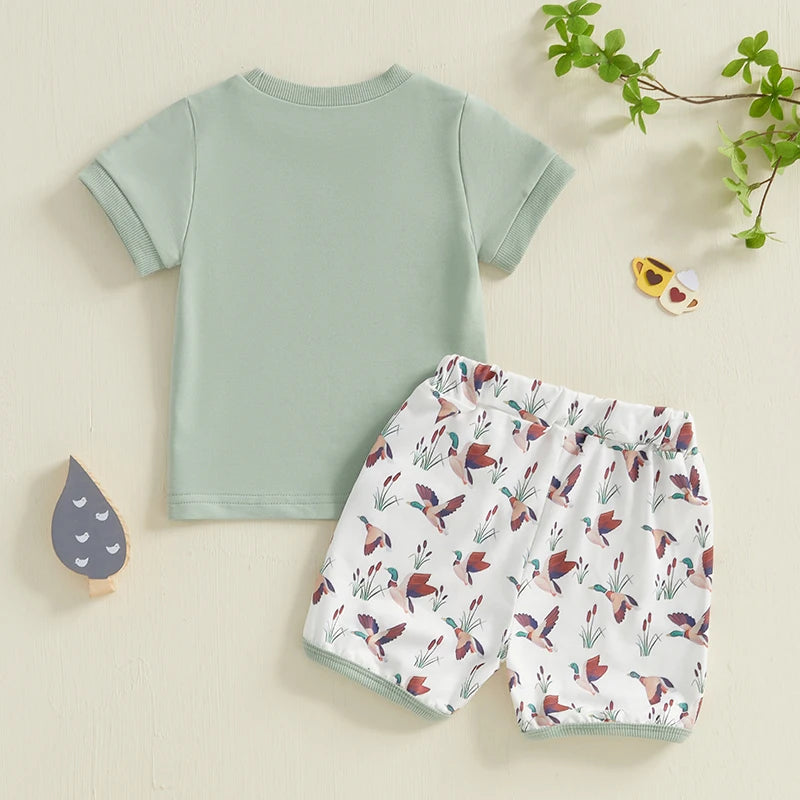 Toddler Baby Boys Summer Outfits Duck Embroidery Short Sleeves T-Shirt and Elastic Camouflage Shorts
