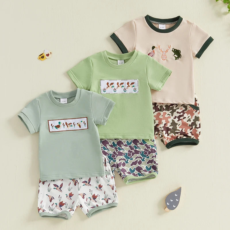 Toddler Baby Boys Summer Outfits Duck Embroidery Short Sleeves T-Shirt and Elastic Camouflage Shorts