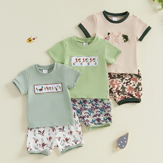 Toddler Baby Boys Summer Outfits Duck Embroidery Short Sleeves T-Shirt and Elastic Camouflage Shorts