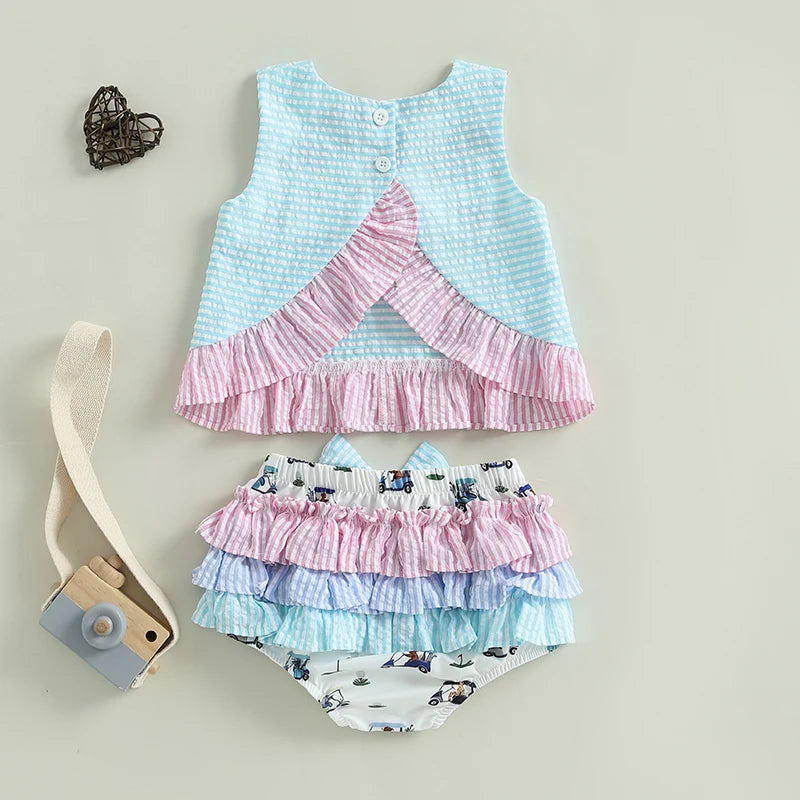 Toddler Baby Girl Summer Outfits Sleeveless Golf Embroidery Tank Tops + Ruffle Shorts Set Clothes