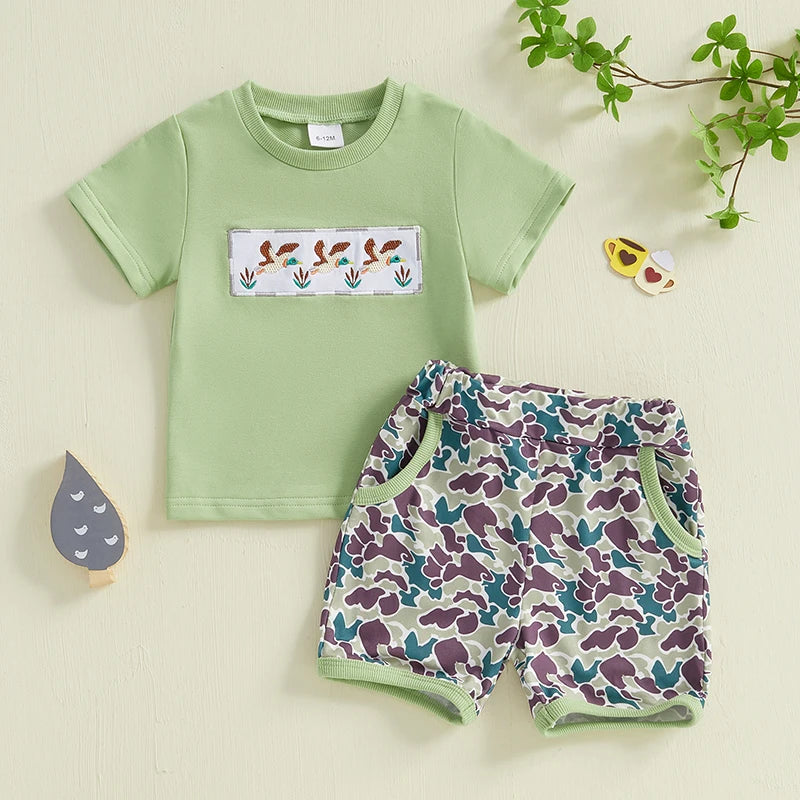 Toddler Baby Boys Summer Outfits Duck Embroidery Short Sleeves T-Shirt and Elastic Camouflage Shorts