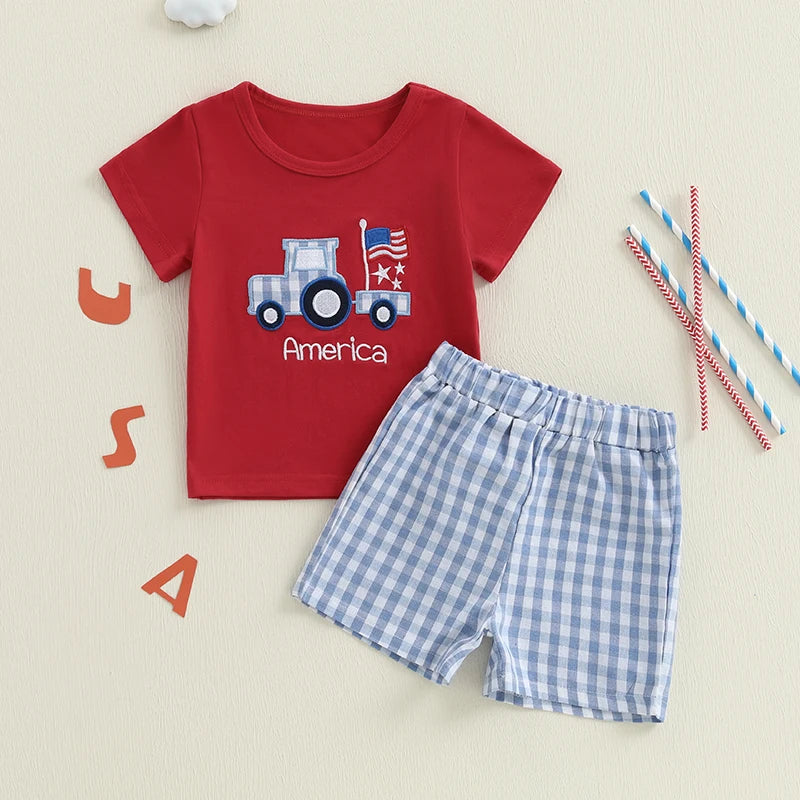 Independence Day Toddler Baby Boys Clothes Sets Casual Short Sleeve Embroidery Truck T-shirt Plaid Shorts Set Clothing Outfits