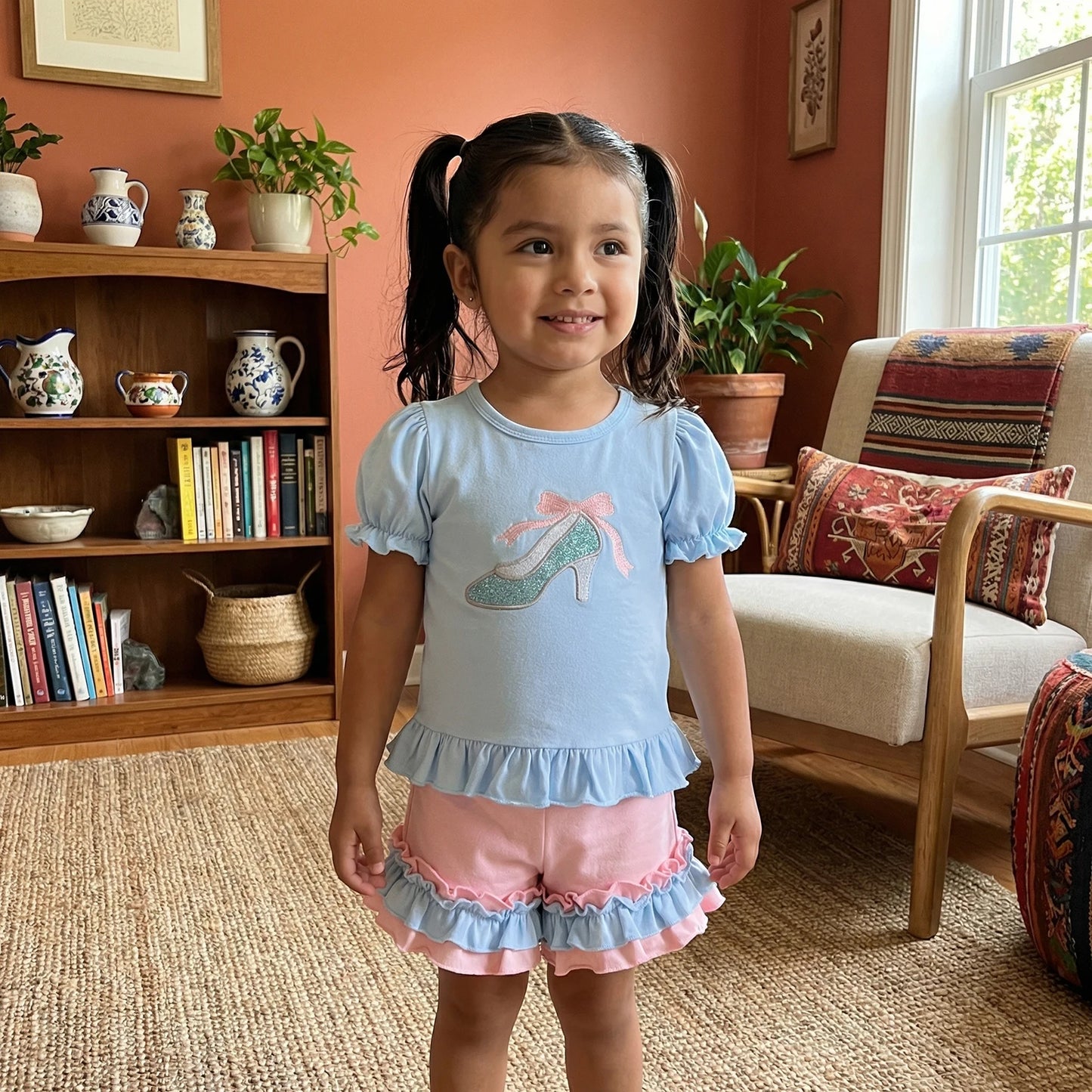Princess Carriage / Shoes Embroidered Ruffled Short Sleeve set Toddler